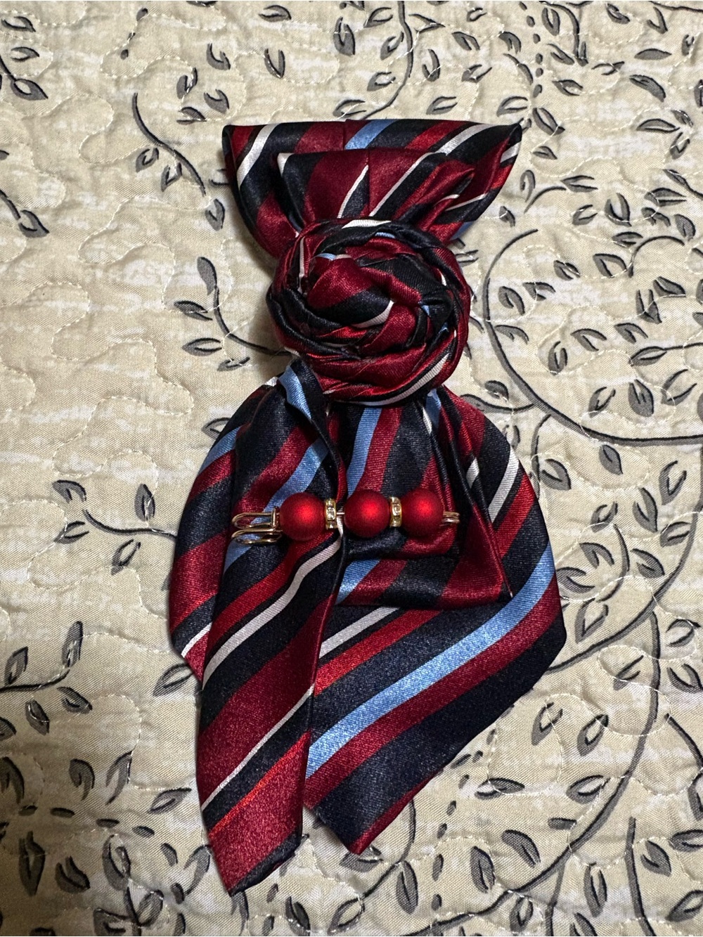 Striped Satin Tie Brooch in Red, Navy & Light Blue